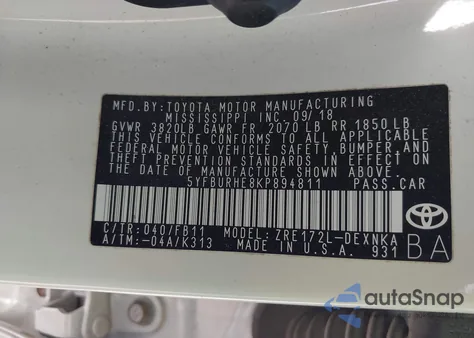 2019 Toyota Corolla Le from USA, damaged, VIN 5YFBURHE8KP894811